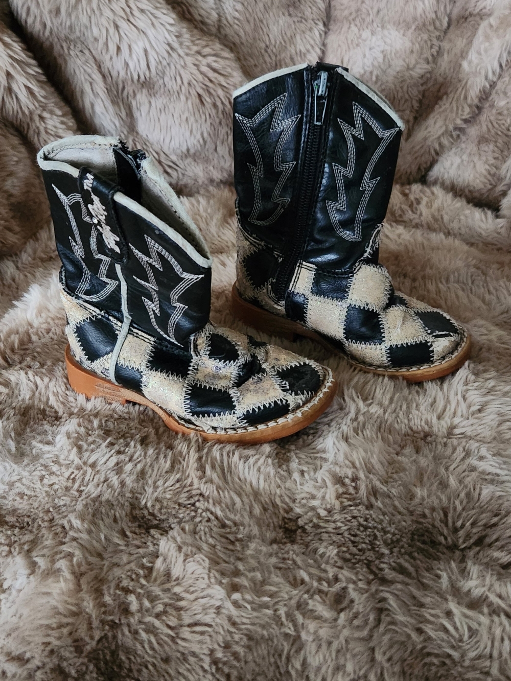 Kids Black and Cream Patchwork Cowboy Boots